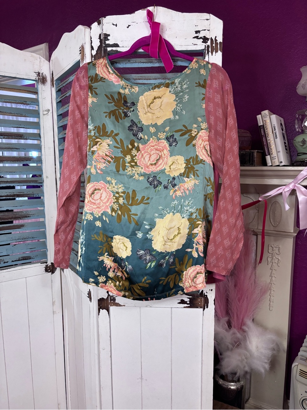 Sundance Silk Boho Blouse Medium Floral Colorblock Sheer Sleeve Top